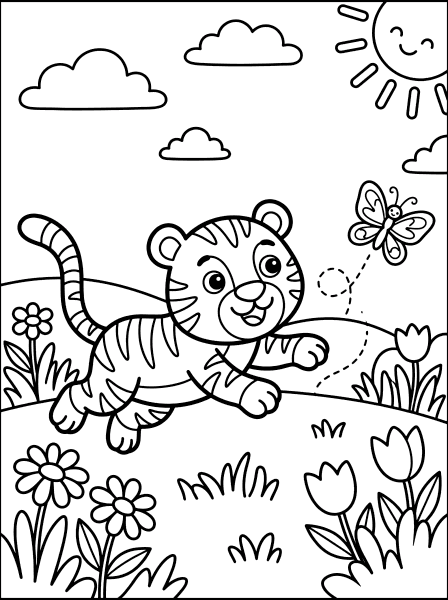 Tiger Chasing Butterfly Coloring… coloring page for kids