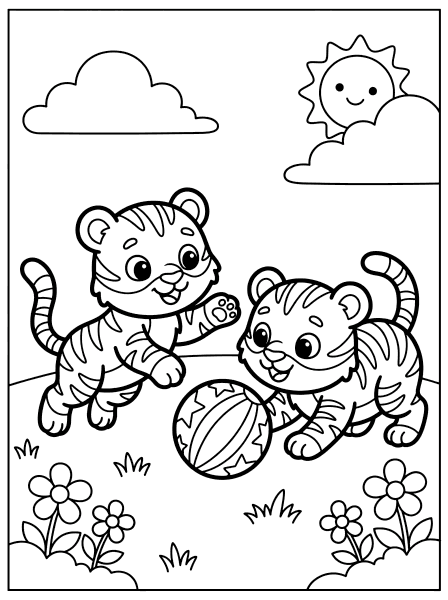 Tiger Cubs Playing with Ball coloring page for kids
