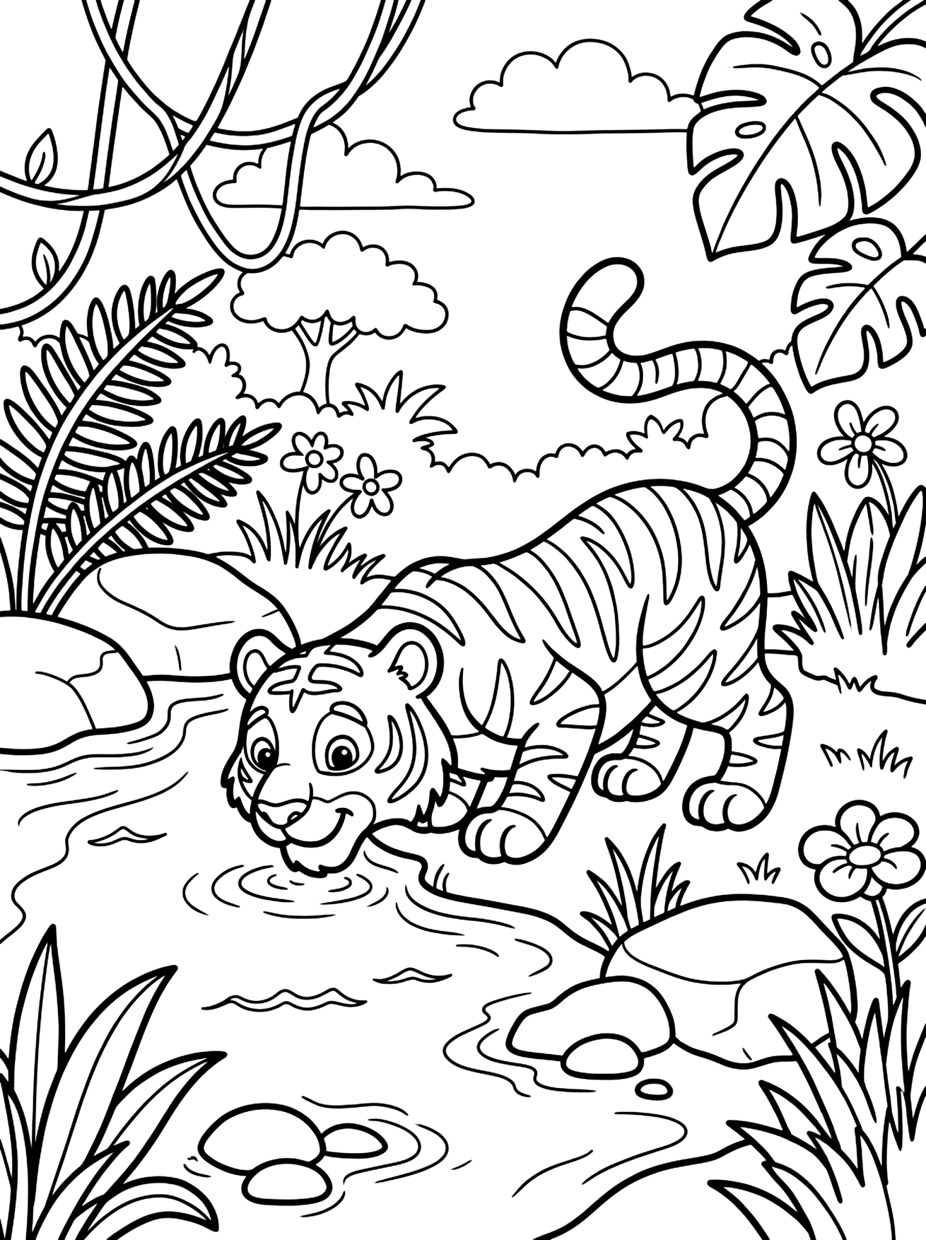 Tiger Drinking Water coloring page for kids