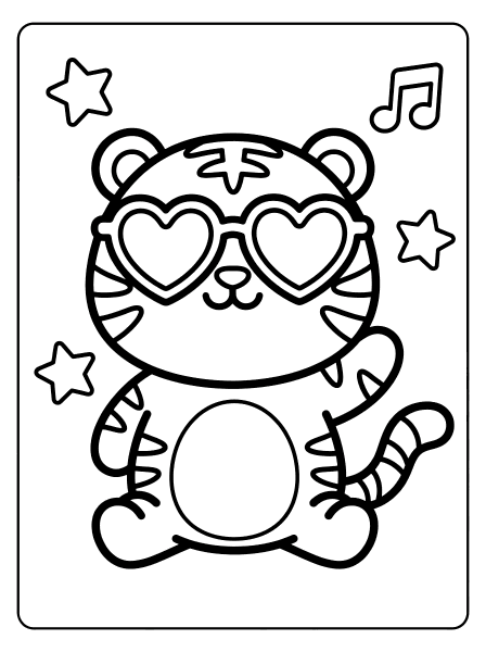 Cartoon tiger wearing heart-shaped sunglasses, with stars and a music note, black outline kpop demon coloring page