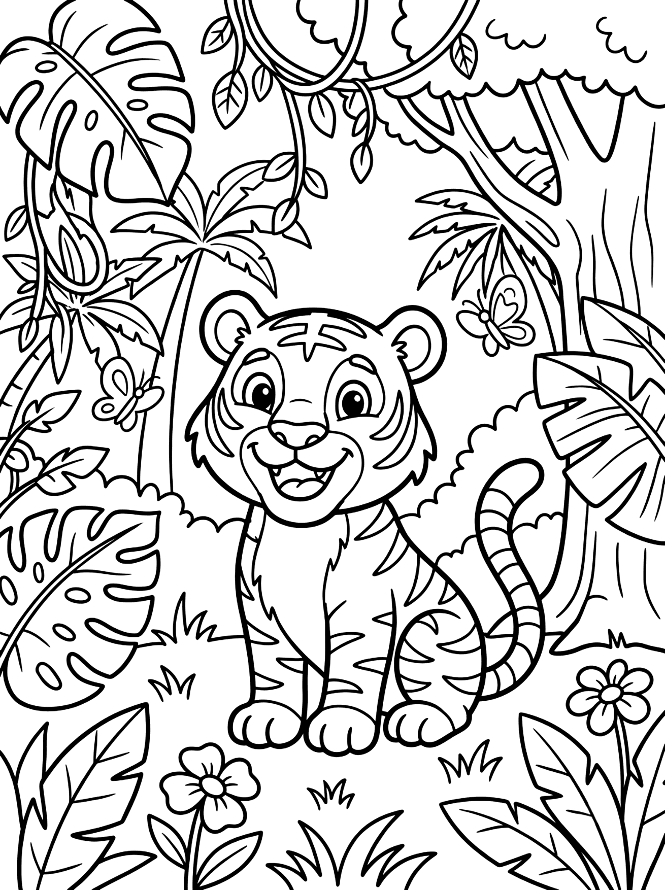 Tiger Sitting in Jungle coloring page for kids