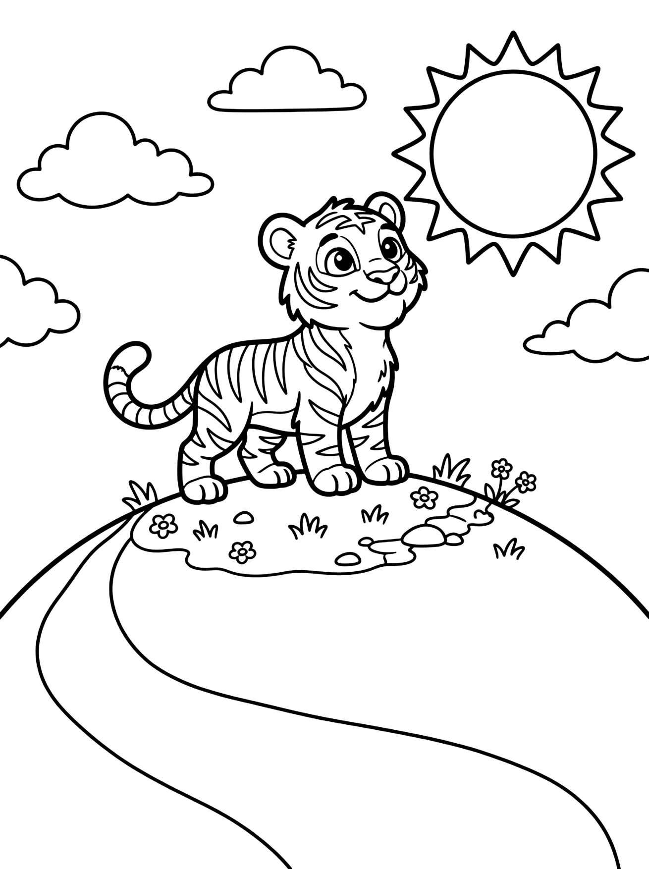 Tiger Standing on Hill coloring page for kids