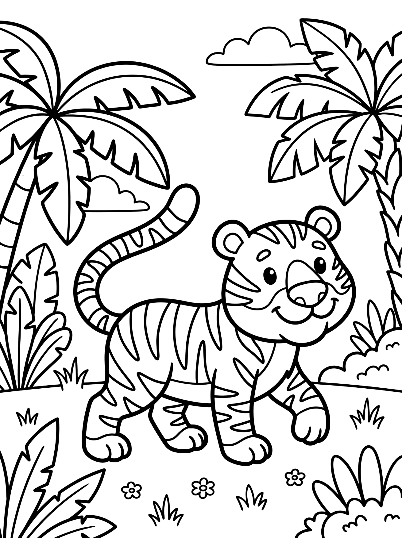 Tiger Walking Near Palm Leaves coloring page for kids