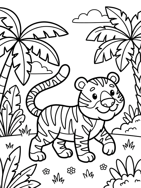 Tiger Walking Near Palm Leaves coloring page for kids