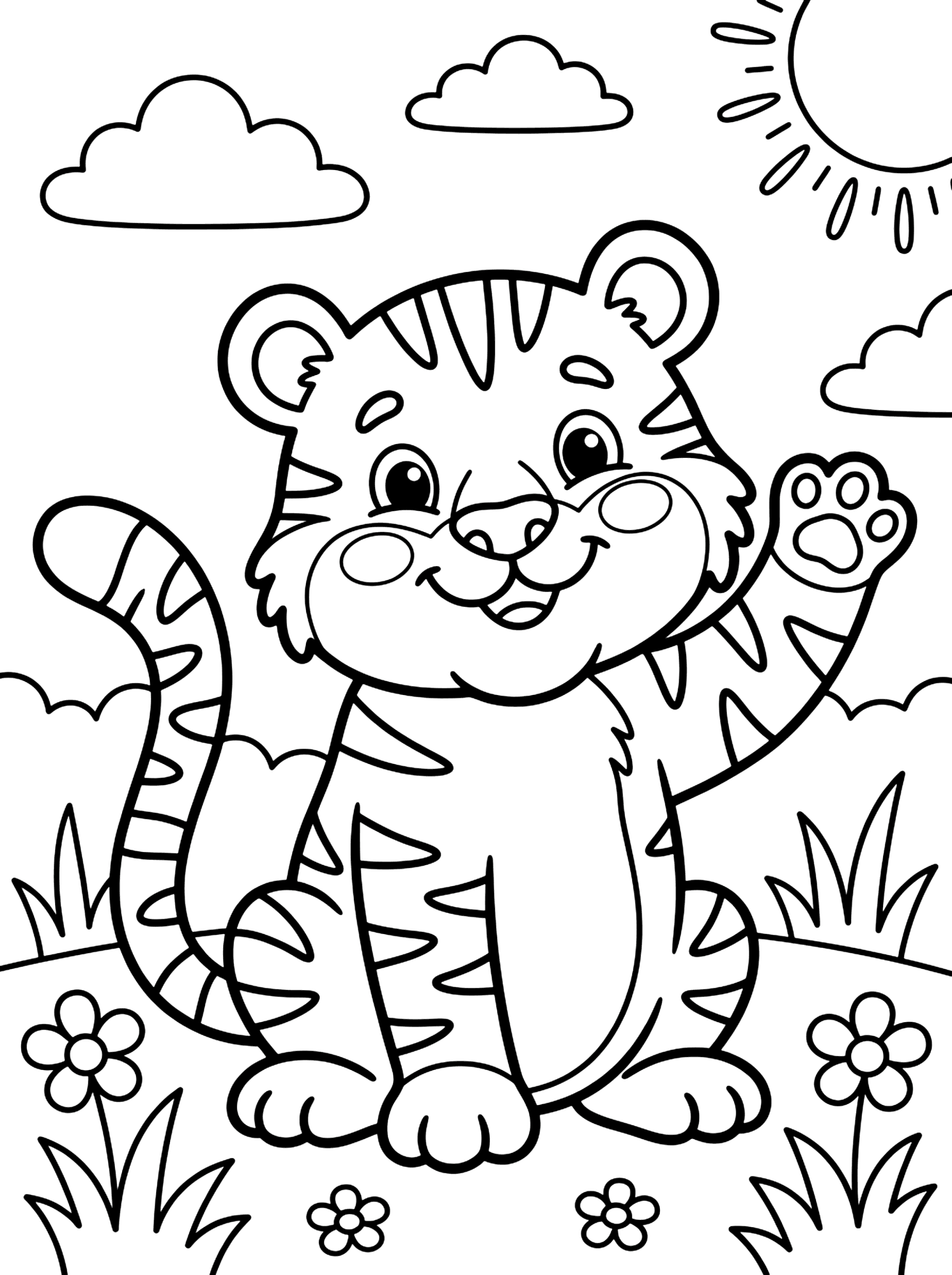 Tiger Waving Hello coloring page for kids