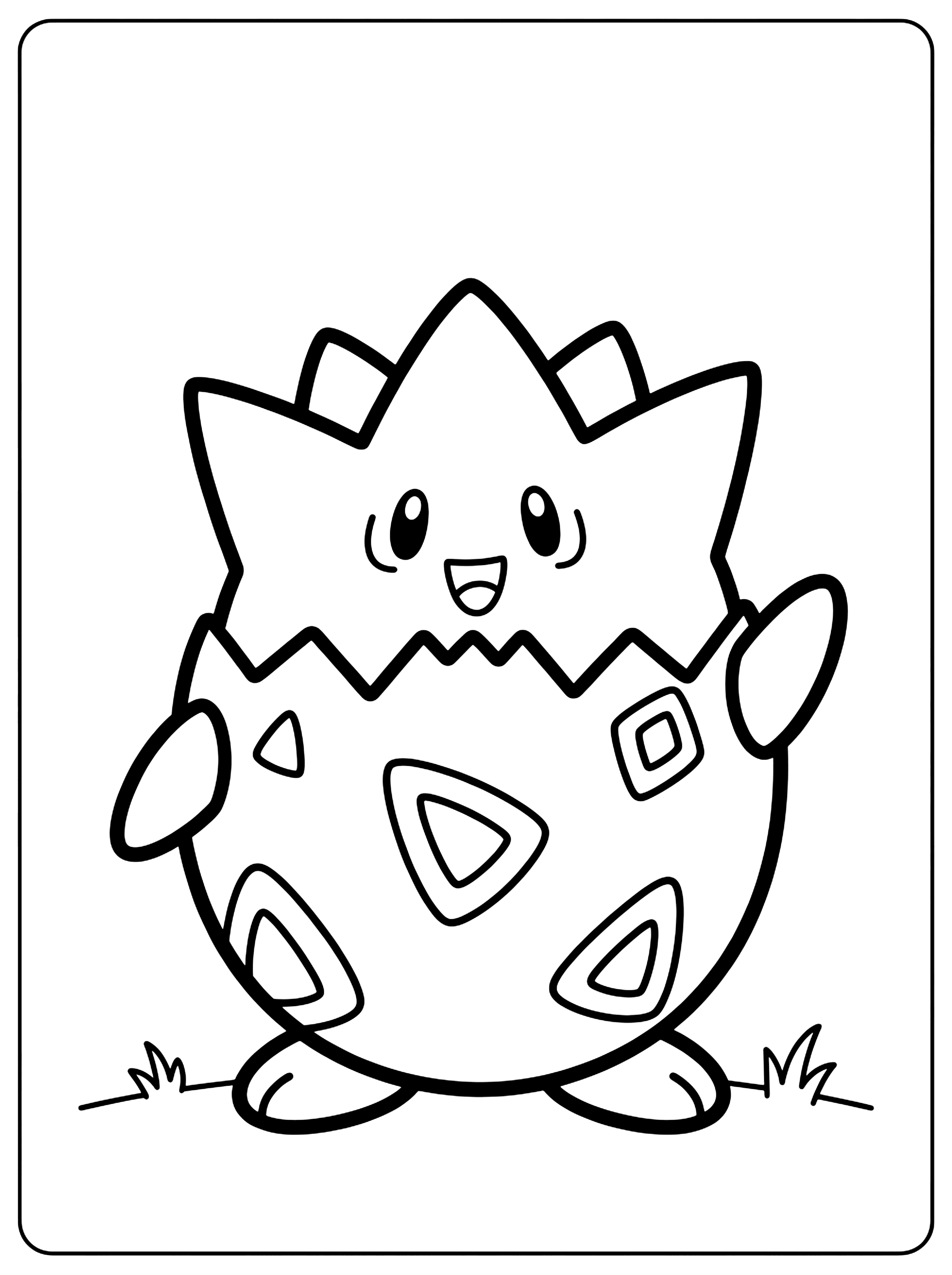Smiling Togepi waving with both arms from a cracked eggshell, standing on grass with, pokemon coloring p coloring page