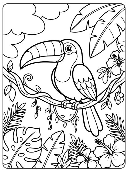 A cartoon toucan perching on a tree branch with tropical leaves and flowers bird coloring page
