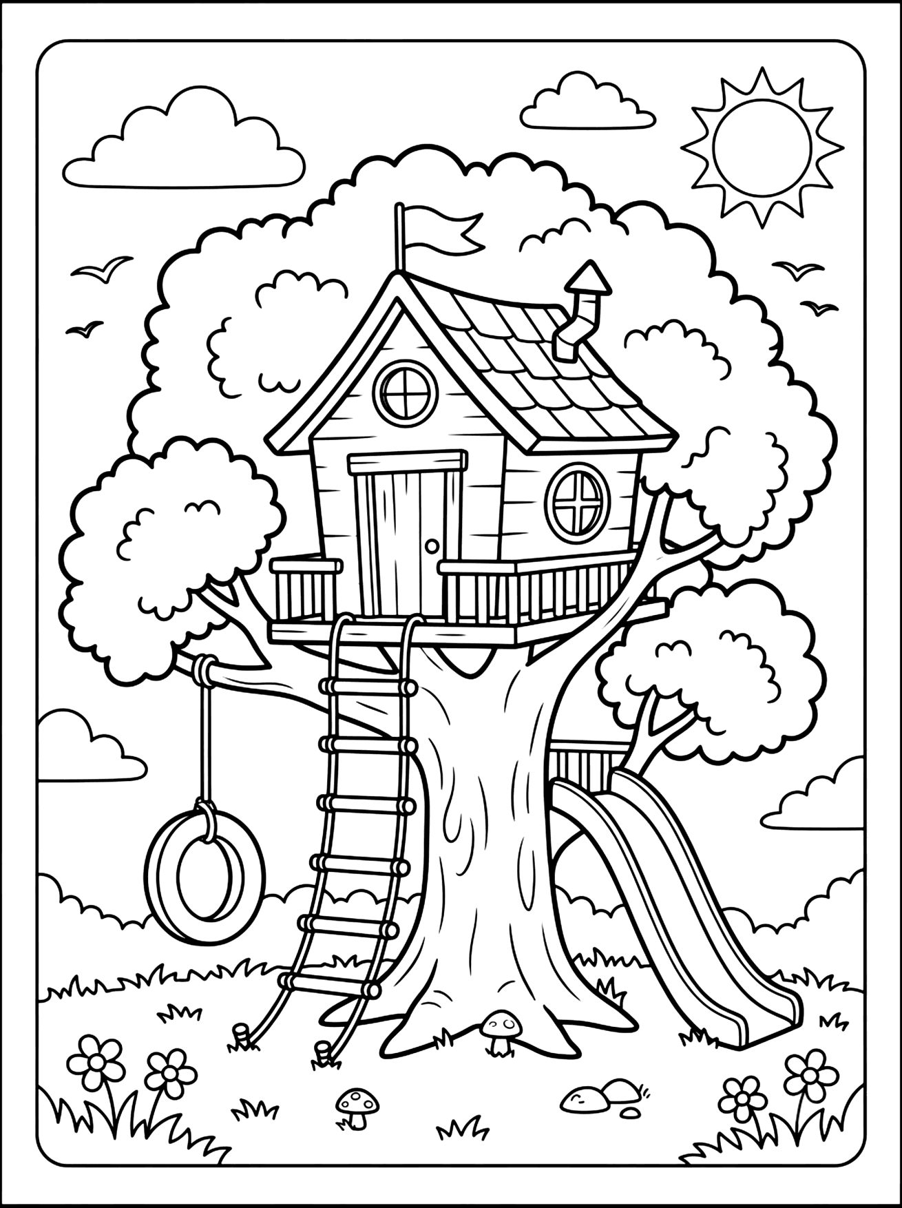 Black outline drawing of a treehouse in a big tree with a rope ladder, tire swing, houses and buildings coloring page