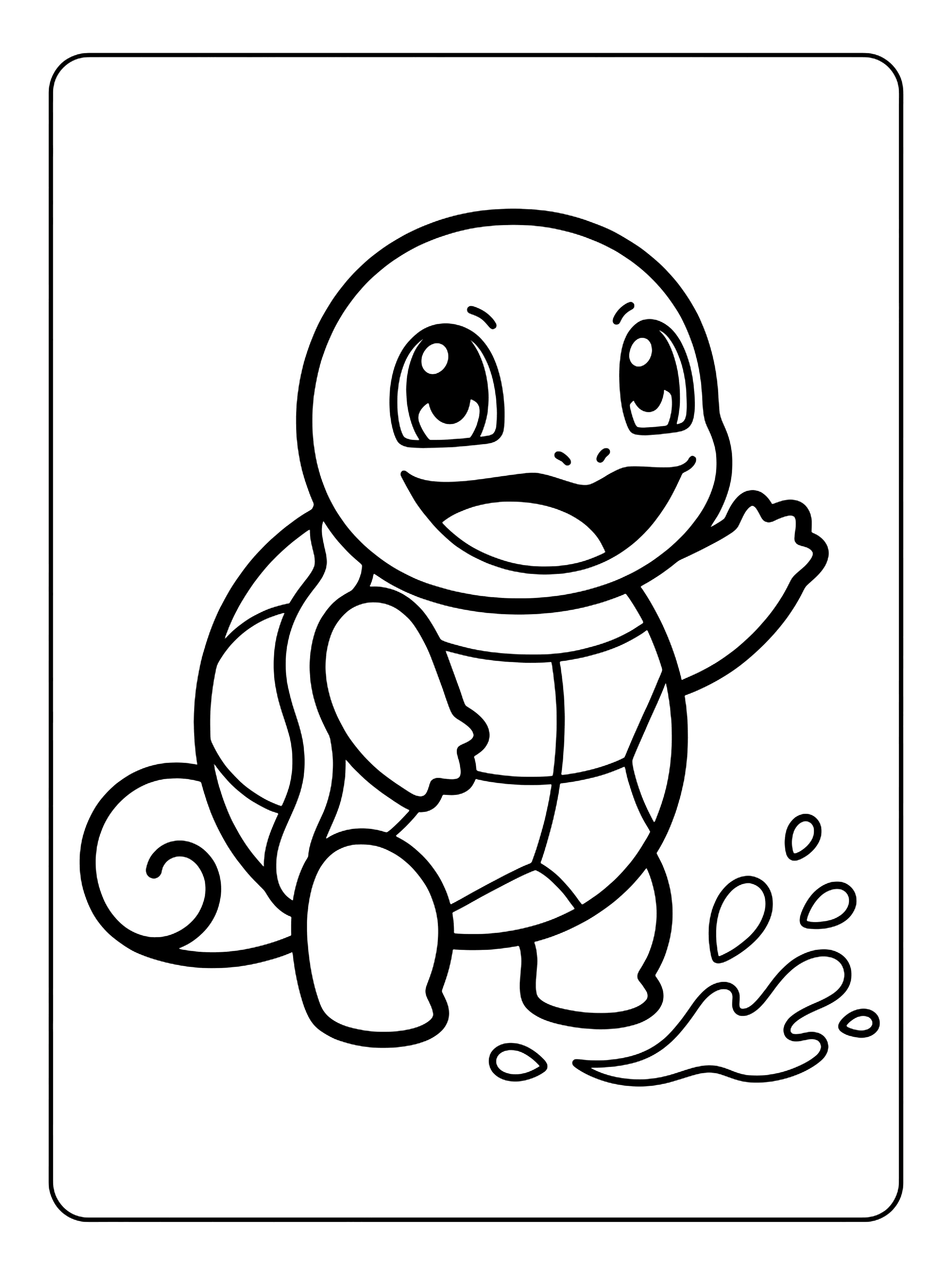 Smiling cartoon turtle waving one arm and standing beside a small splash of water, pokemon coloring page