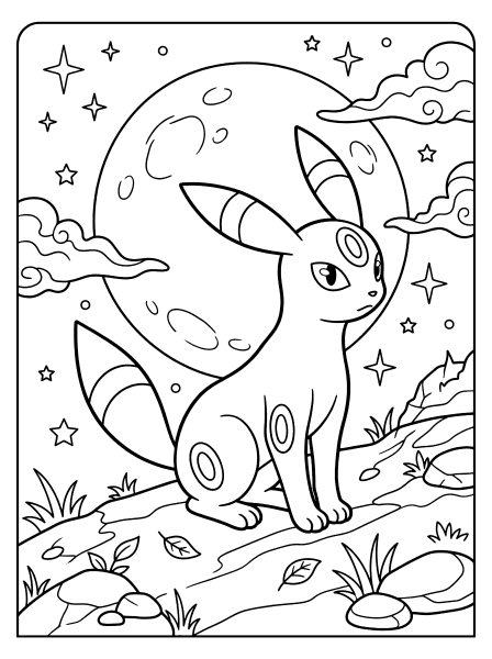 Umbreon sitting on a rocky path under a full moon with striped ears, striped tail, and stars, pokemon coloring page