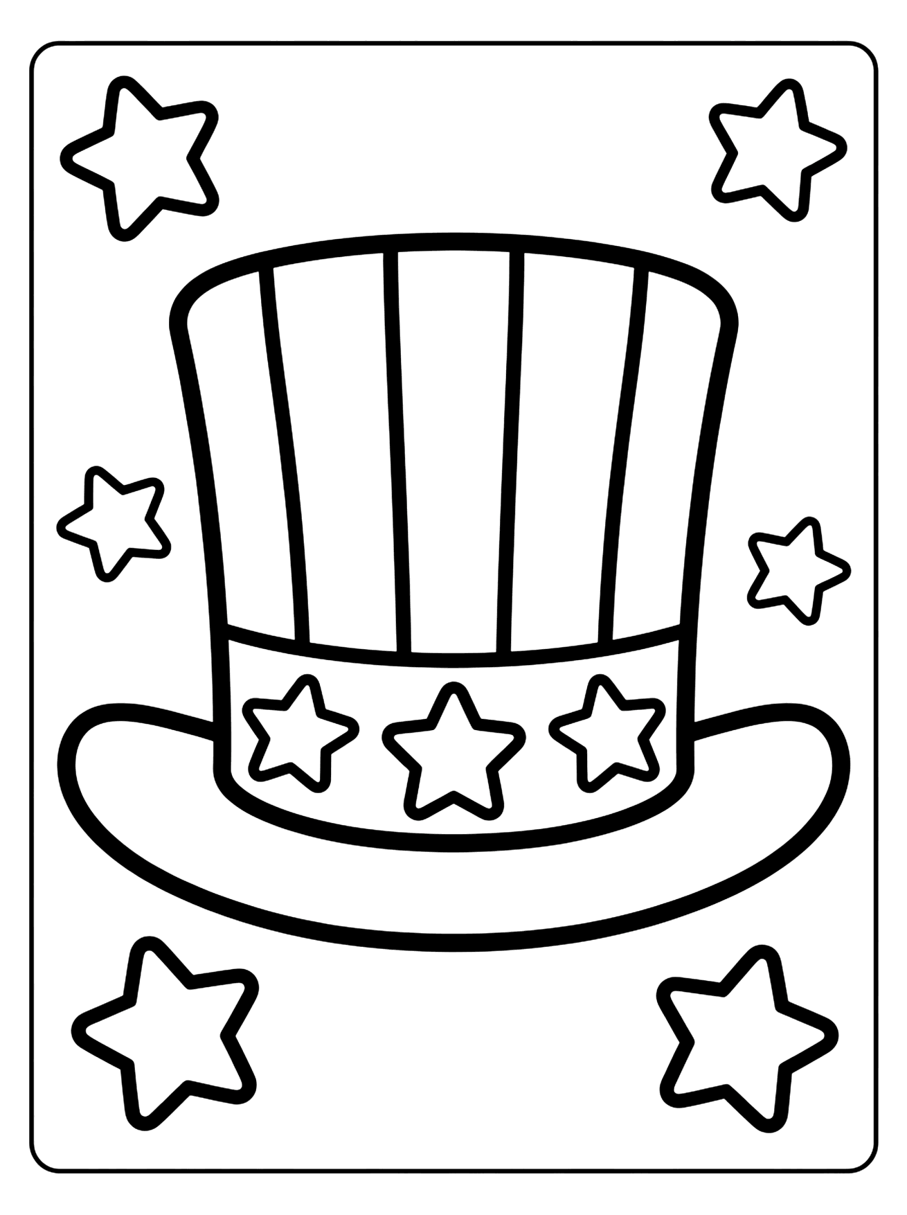 Tall striped Uncle Sam hat with three stars on its band and six stars around it, 4th of July coloring page