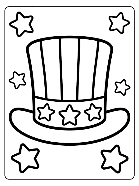 Tall striped Uncle Sam hat with three stars on its band and six stars around it, 4th of July coloring page