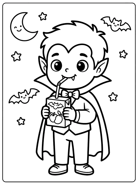 Cartoon vampire boy with fangs and a cape sipping from a juice box, with bats and a moon Halloween coloring page