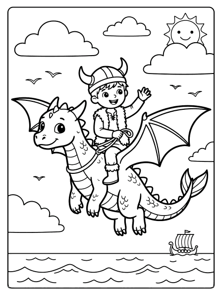 Cartoon Viking boy in a horned helmet waving while riding a flying dragon over, how to train your dragon coloring page