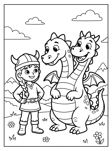 Black outline drawing of a Viking girl with a braid and horned helmet-headed dragon how to train your dragon coloring page
