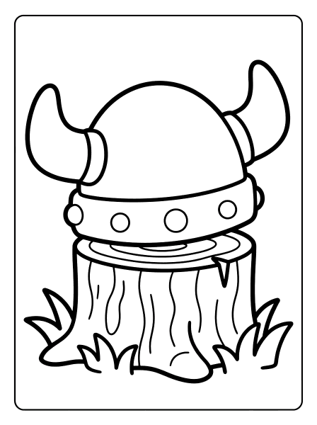 Cartoon Viking helmet with horns sitting on a tree stump with grass, black outline, how to train your dragon coloring page