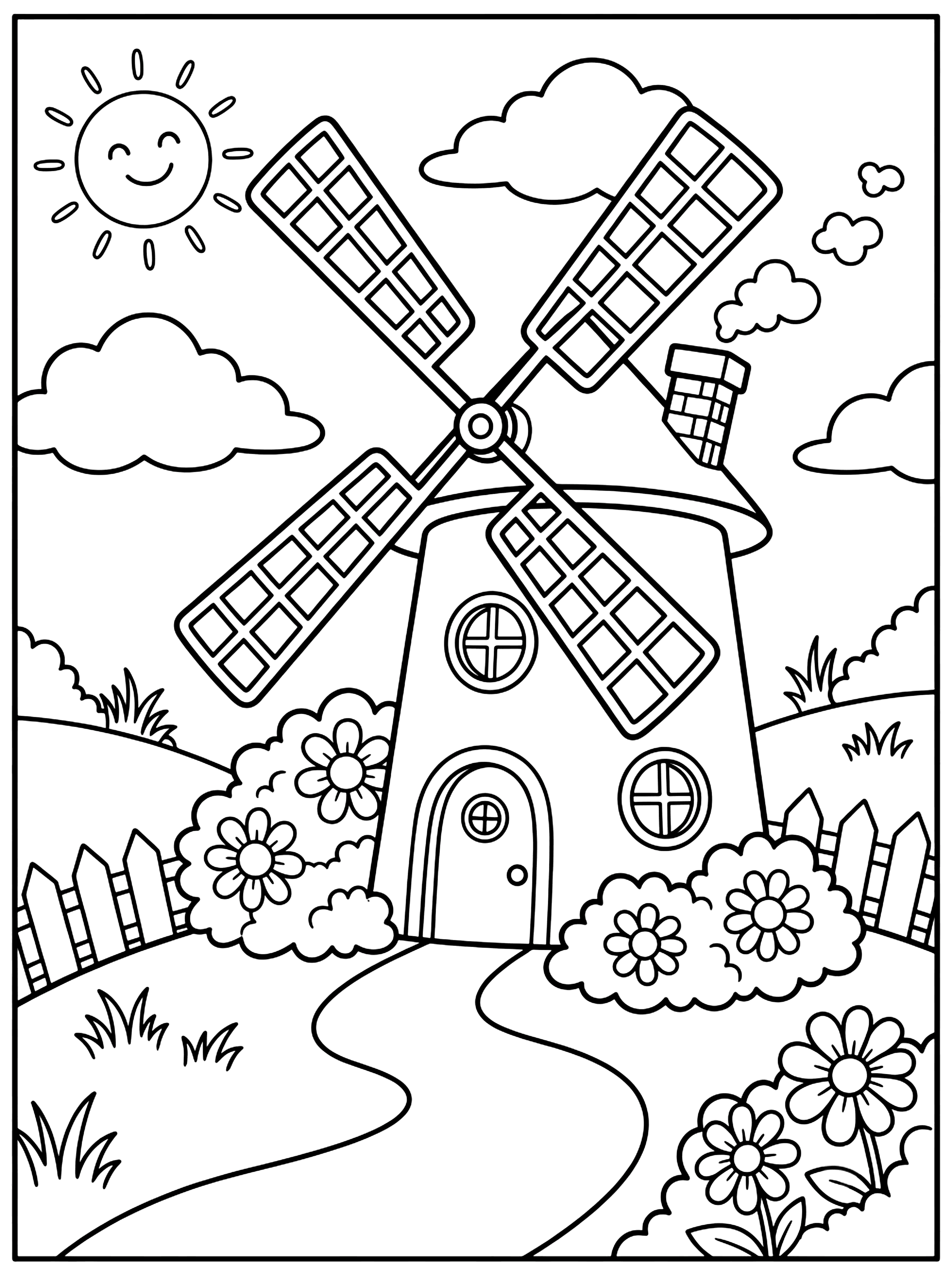 Line drawing of a windmill with lattice blades, a smiling sun, flowers, and a winding path houses and buildings coloring page