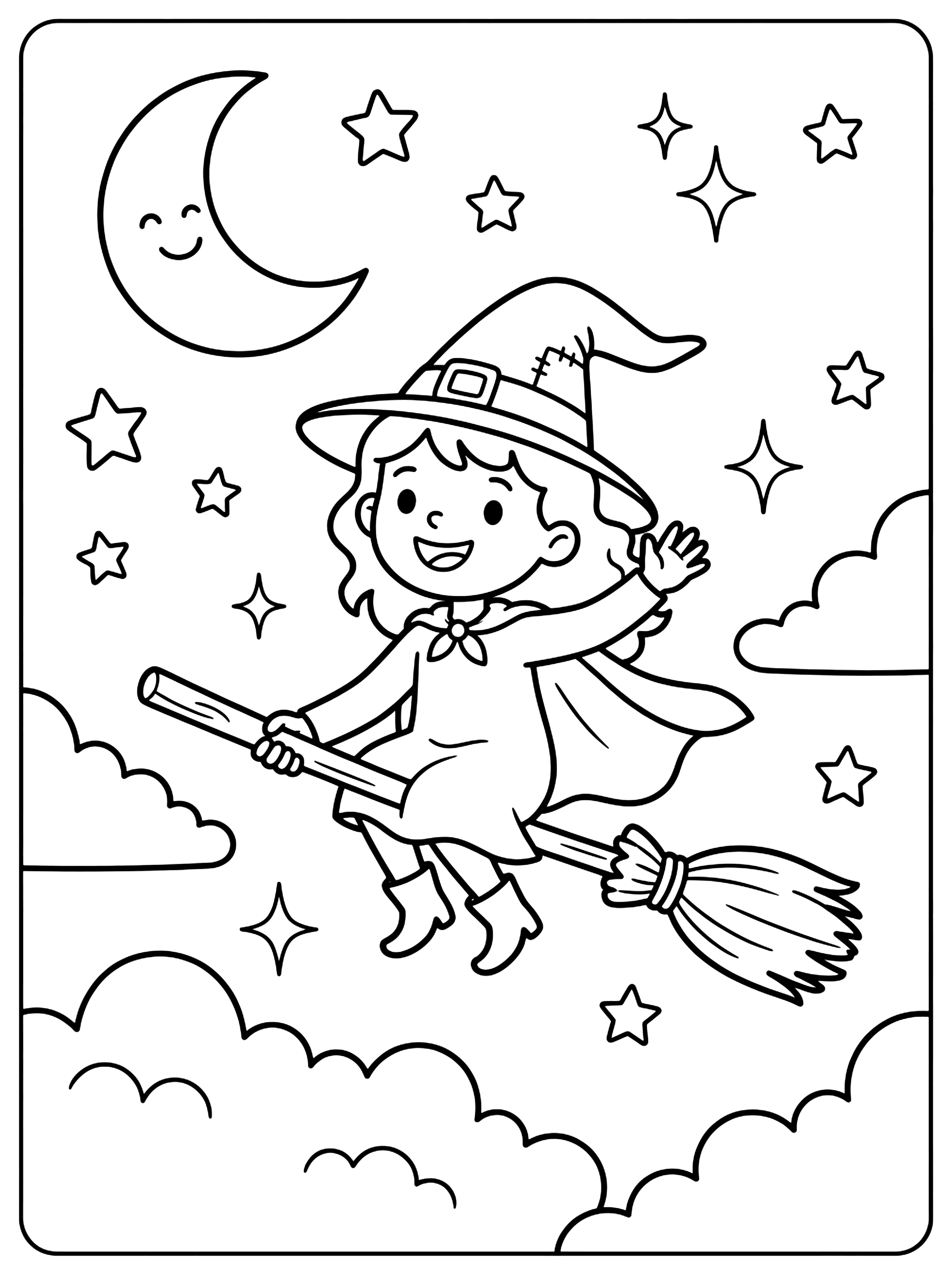 Smiling witch in a pointed hat waving while flying on a broom beside a crescent moon and stars, Halloween coloring page