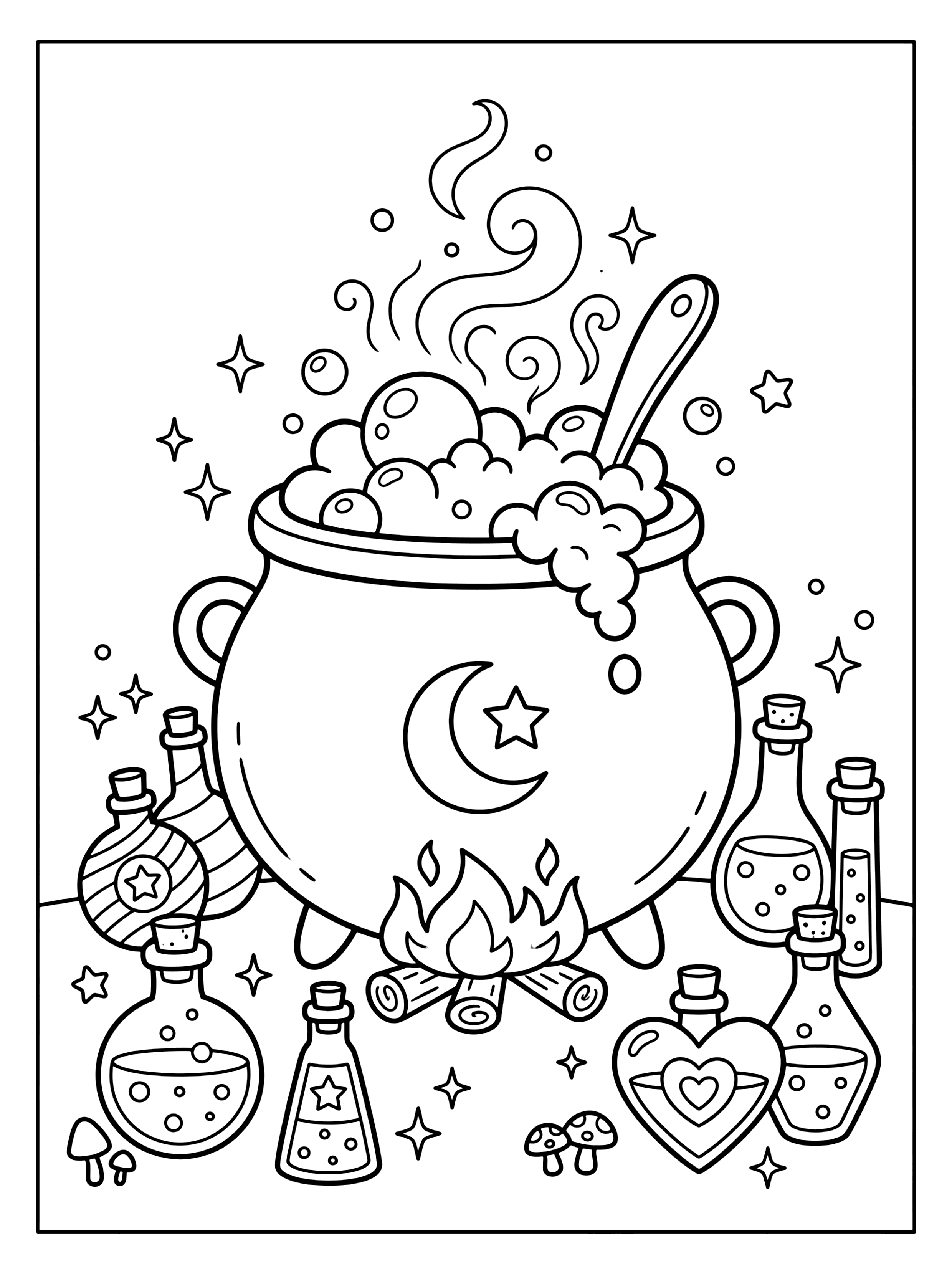 Black outline drawing of a bubbling cauldron on a campfire with potion bottles, stars and mushrooms Halloween coloring page